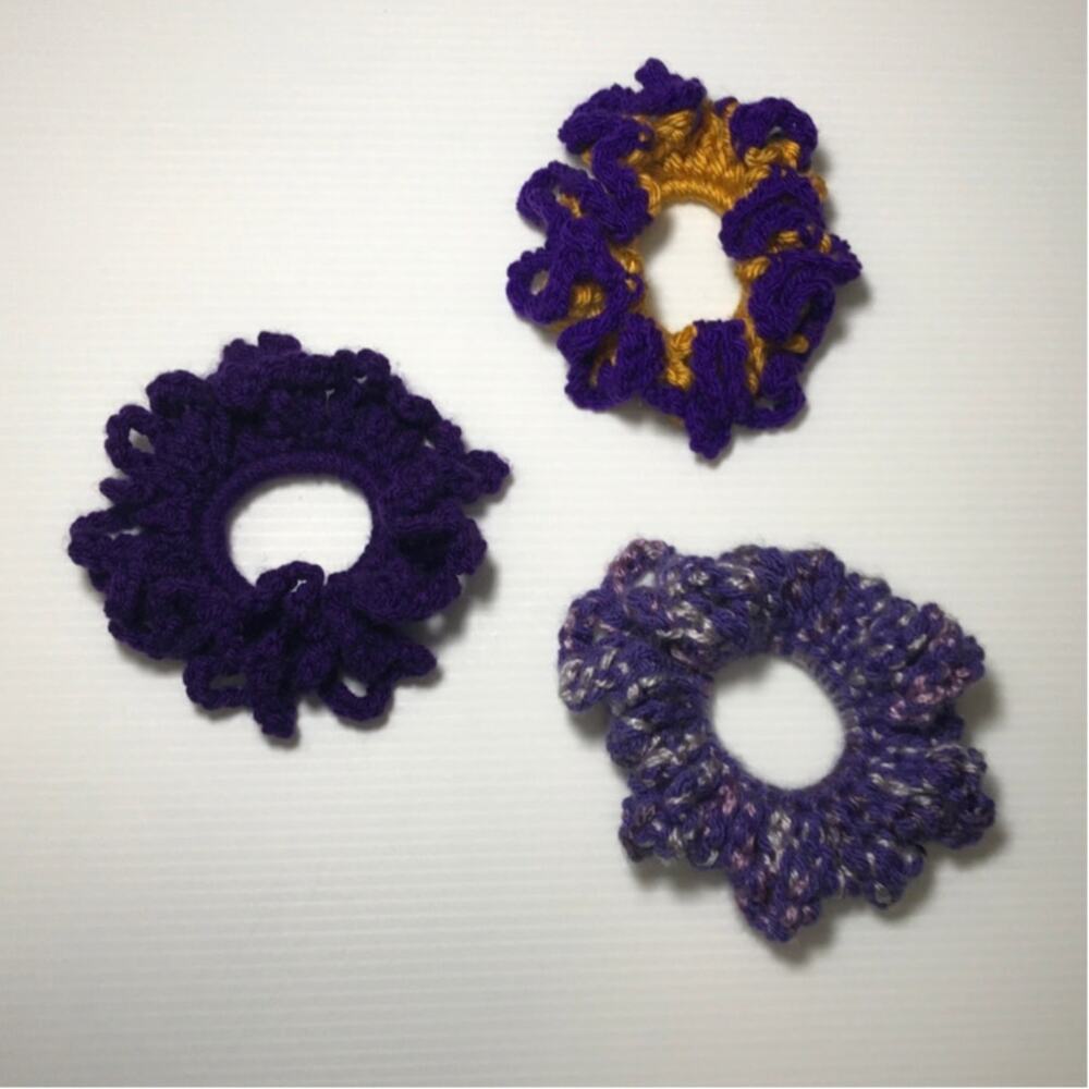 NWT Purple Gold Handmade Crocheted Hair Scrunchie Set of 3